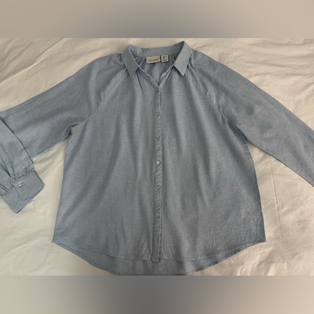 EUC Laura Ashley Button-Up Shirt Womens XL Blue Linen Blend Long Sleeve Casual - Picture 4 of 11